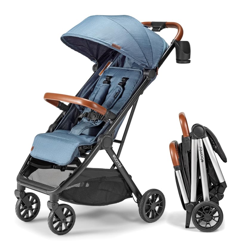 Bombi Bēbee V2 Lightweight Baby Stroller - Premium Vegan Leather, One-Hand Fold, Infinite Recline, Aircraft-Grade Aluminum Frame, XXL Canopy, and Ample Storage Umbrella Stroller - Storm Blue