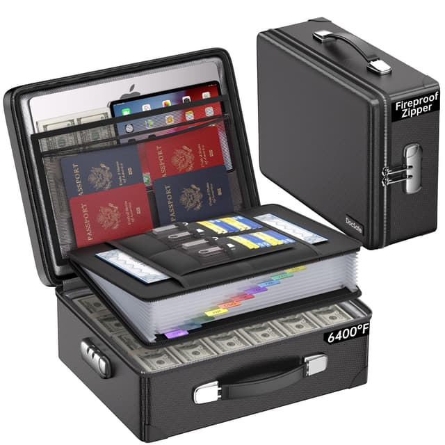DocSafe 6400°F Fireproof Document Box with Lock,Heat Insulated Fireproof Water Resistant 10 Layers Hard Case Safe Box with Zipper＆Multi Pockets,Protects Personal Items,Documents,Laptop,Passport,Black