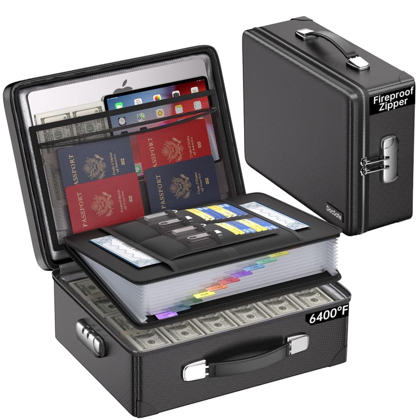 DocSafe 6400°F Fireproof Document Box with Lock,Heat Insulated Fireproof Water Resistant 10 Layers Hard Case Safe Box with Zipper＆Multi Pockets,Protects Personal Items,Documents,Laptop,Passport,Black