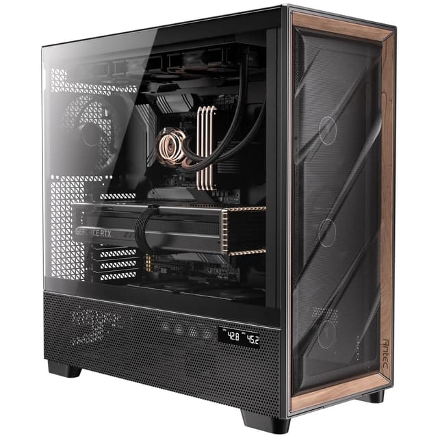 Antec Flux Pro, 6 x PWM Fans Included, High-Airflow Front Panel with Walnut Wood, iShift PSU 90° Mount, USB3.0 x 2, Type-C, 420mm Radiator Support, Temp. Display, Full-Tower E-ATX PC Case