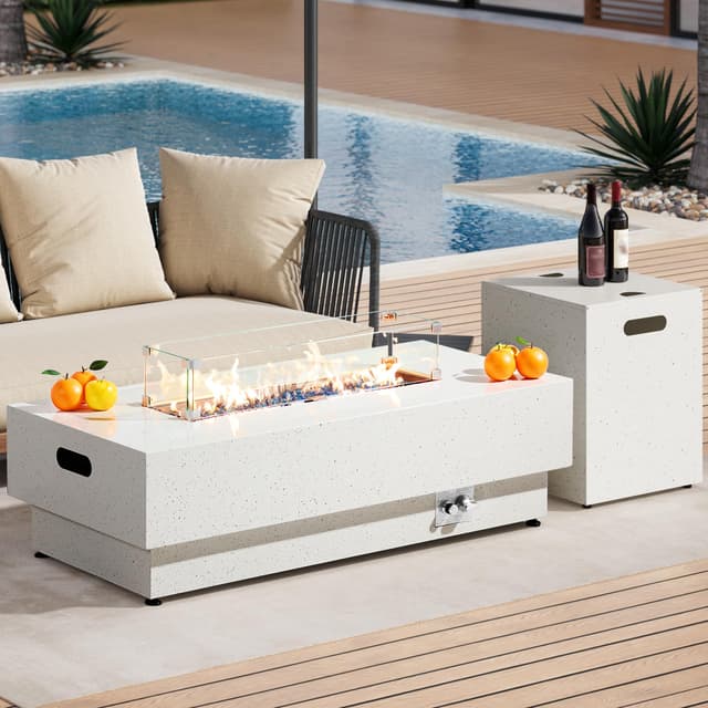 IRONCK 50-Inch Outdoor Propane Fire Pit Table w Tank Table, CSA Certified, Rectangular Patio Fire Pit w Glass Rocks, Wind Guard and Cover, 58000 BTU 2 in 1 Outdoor Heater for Deck Garden, White