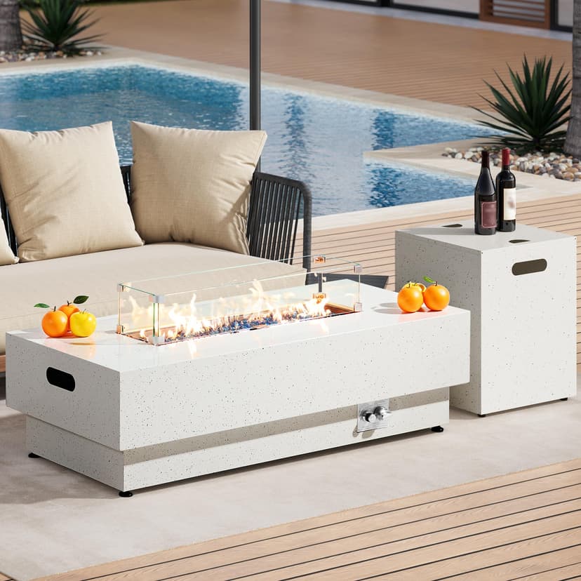 IRONCK 50-Inch Outdoor Propane Fire Pit Table w Tank Table, CSA Certified, Rectangular Patio Fire Pit w Glass Rocks, Wind Guard and Cover, 58000 BTU 2 in 1 Outdoor Heater for Deck Garden, White