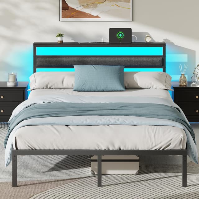 Ourpic Queen Bed Frame with Led Lights and Charging Station, Bed Queen Size Frame with Headboard and Under Bed Storage, Black Metal Platform Bedframe and Storage Shelf, Easy Install