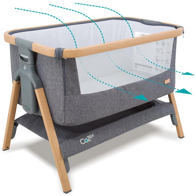 Tutti Bambini CoZee® 2-in-1 Baby Bassinet & Bedside Sleeper - Fast-Folding Bedside Bassinet, Baby Crib with 6 Mattress Heights & Breathable Mesh Window, Mattress Included, 0-6 Months (Oak & Charcoal)