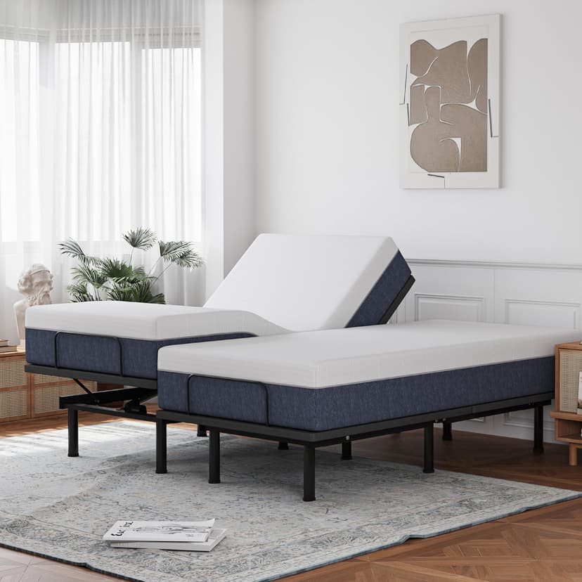 EGOHOME Split King Adjustable Bed Frame and 14 inch Charcoal Gel Memory Foam Mattress Set for Back Pain Relief, Metal Electric Foldable Bed Base with Wireless Remote, Independent Head and Foot Incline