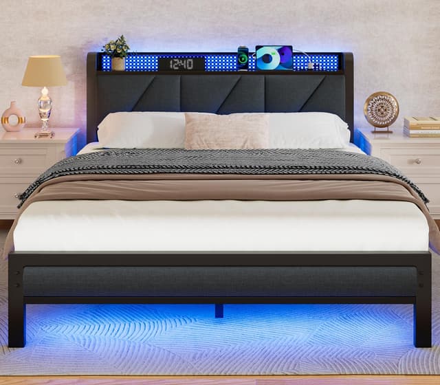 Furnulem Full Size Bed Frame with Headboard and Storage Shelf, LED Light and Charging Station, Metal Platform Bed with Heavy Duty Slats, No Box Spring Needed, Noise Free & Easy Assembly