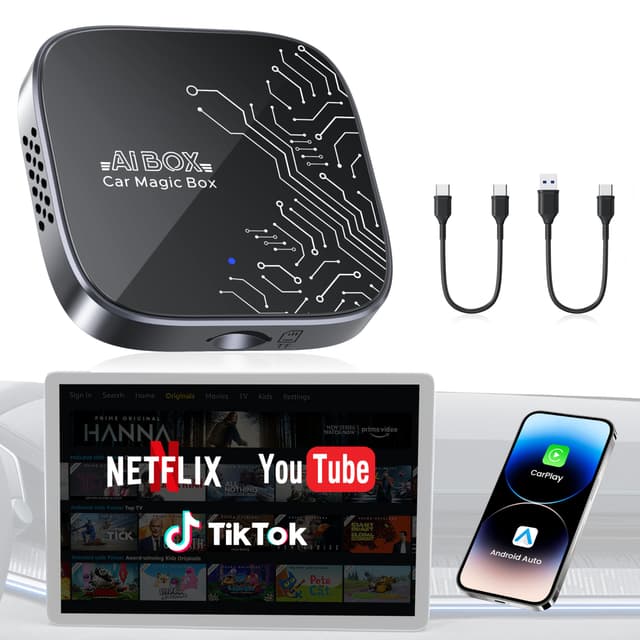 4-in-1 Wireless CarPlay Adapter for Streaming Netflix/YouTube/TikTok/TF Card, 2026 Magic Video AI Box & Android Auto Dongle [Dual Band WiFi, Bluetooth 5.3] Plug & Play, Fits for OEM Wired Car Play Car
