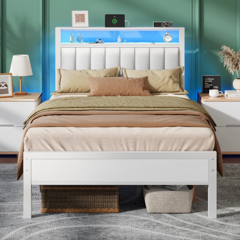 Furnulem Twin Size Bed Frame with Charging Station & LED Lights, Modern Platform Bed with 2-Tier Storage Shelves, White PU Leather Upholstered Headboard, No Box Spring Needed, Metal Slats Support