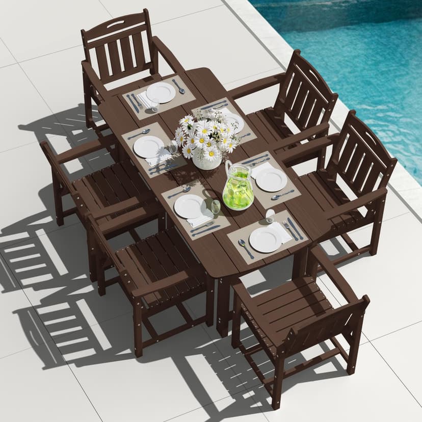 SUUNYN HDPE Outdoor Patio Dining Set with Table & 6 Chairs, All-Weather 7-Piece Outdoor Table and Chairs, 2" Umbrella Hole, Patio Furniture for Garden, Backyard, Deck | Brown