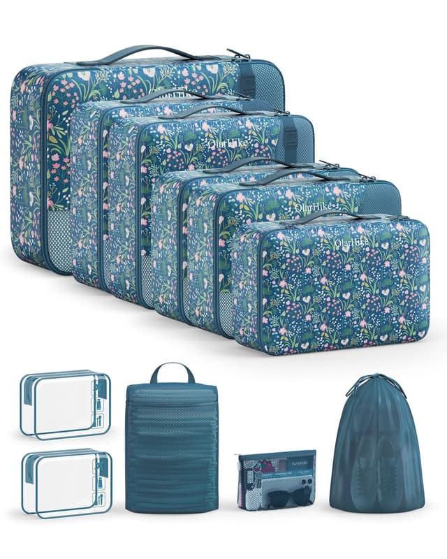 11 Set Packing Cubes for Travel,Gifts for Women Mom Kids,TSA Approved Bags for Makeup,Cosmetic,Toiletry, Suitcase Organizers for Checked Luggage,Cruise Essentials,Airplane Accessories,Dark Blue Floral