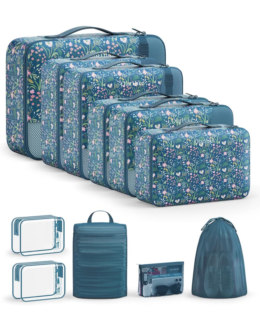 11 Set Packing Cubes for Travel,Gifts for Women Mom Kids,TSA Approved Bags for Makeup,Cosmetic,Toiletry, Suitcase Organizers for Checked Luggage,Cruise Essentials,Airplane Accessories,Dark Blue Floral