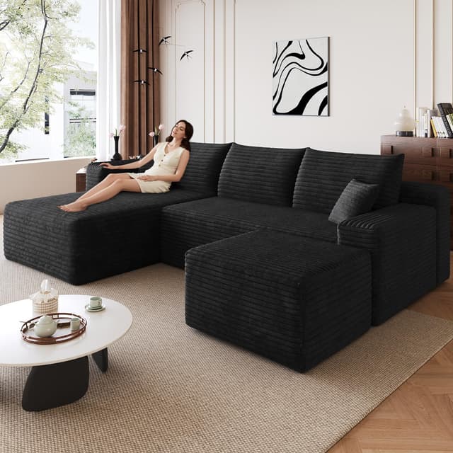 95" Modular Sectional Sofa with Ottoman, Modern Corduroy Cloud Couch with Deep Seat, Boneless Couch Upholstered 3-Seater U-Shaped Sofa for Living Room, No Assembly (Black,Left-Facing Chaise)