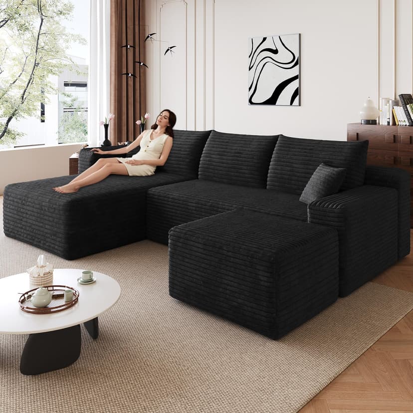 95" Modular Sectional Sofa with Ottoman, Modern Corduroy Cloud Couch with Deep Seat, Boneless Couch Upholstered 3-Seater U-Shaped Sofa for Living Room, No Assembly (Black,Left-Facing Chaise)