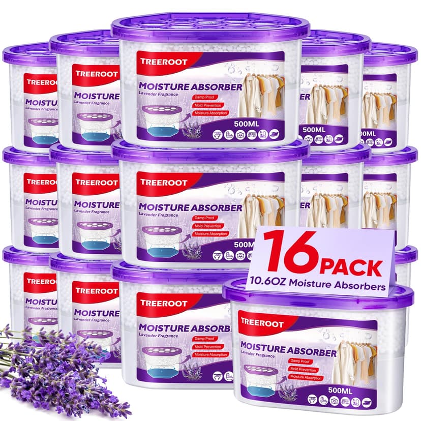 16 Pack Moisture Absorbers, 10.5 OZ Humidity Absorber Bucket, Moisture Absorbers for Closet, Dehumidifier Bucket for Wardrobes (Lavender Scent), Kitchens and Bathrooms