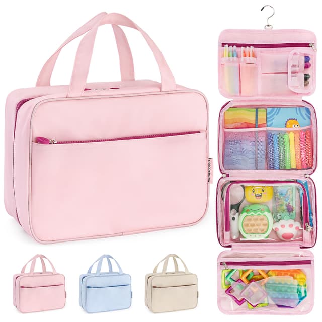 Kids Travel Organizer – Multi-Compartment, Water-Resistant Hanging Bag for Toys, Snacks, & Activities - Compact, Lightweight Design with Hook & Carry Handle - Perfect for Travel Use (Pink, Large)