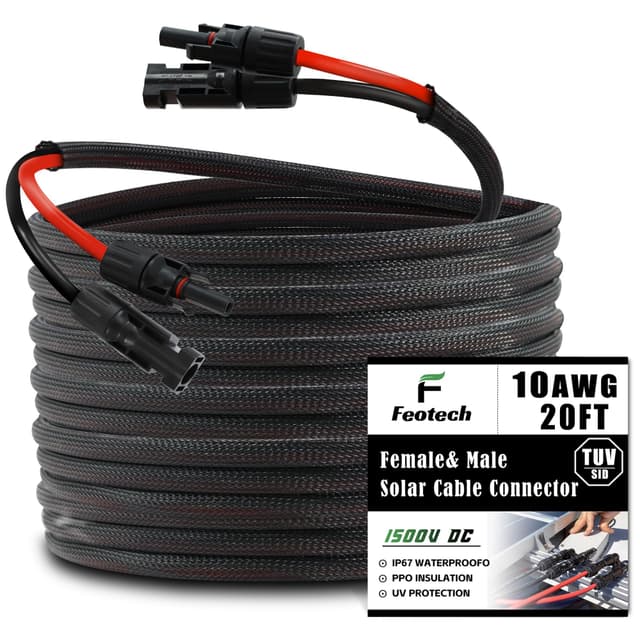 Feotech Twin Wire 20FT Solar Extension Cable - 10AWG (6mm²) Solar Panel Connector, with 4 Pairs-IP67-Male/Female Solar connectors for Outdoor Automotive RV Boat Marine Solar Panel- Black & Red