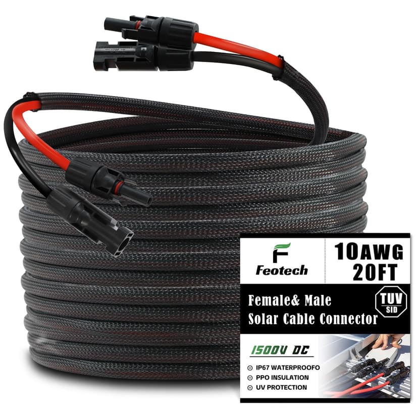 Feotech Twin Wire 20FT Solar Extension Cable - 10AWG (6mm²) Solar Panel Connector, with 4 Pairs-IP67-Male/Female Solar connectors for Outdoor Automotive RV Boat Marine Solar Panel- Black & Red