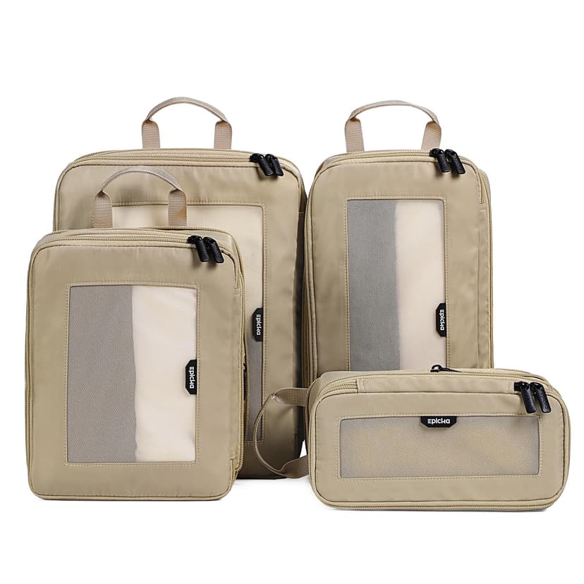 EPICKA TripCozy Compression Packing Cubes - 4 Set Durable Travel Organizer Bags with Mesh Top, Expandable Travel Accessories for Carry on, Luggage, Suitcase, Backpack (Khaki)