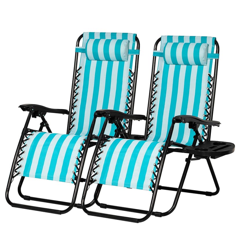 Nazhura Set of 2 Relaxing Recliners Patio Chairs Adjustable Steel Mesh Zero Gravity Lounge Chair Beach Chairs with Pillow and Cup Holder (Light Blue Stripe)