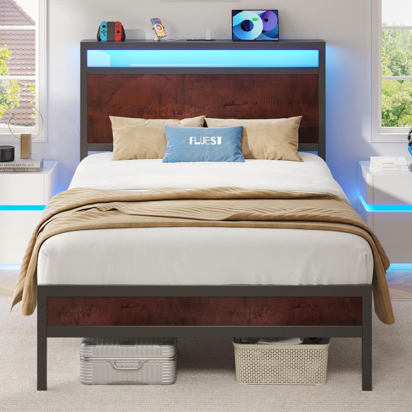 Fluest Twin Bed Frame with Headboard & Footboard, Twin Bed Frame with Charging Station & LED Light, Under-Bed-Storage, No Box Spring Needed, Noise Free, Easy Assembly, Coffee Brown