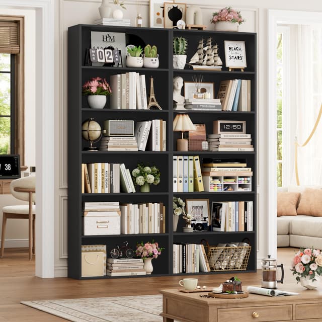 FOTOSOK 6-Tier Open Bookcase and Bookshelf Set of 2, Freestanding Display Storage Shelves Tall Bookcase for Bedroom, Living Room and Office, Black