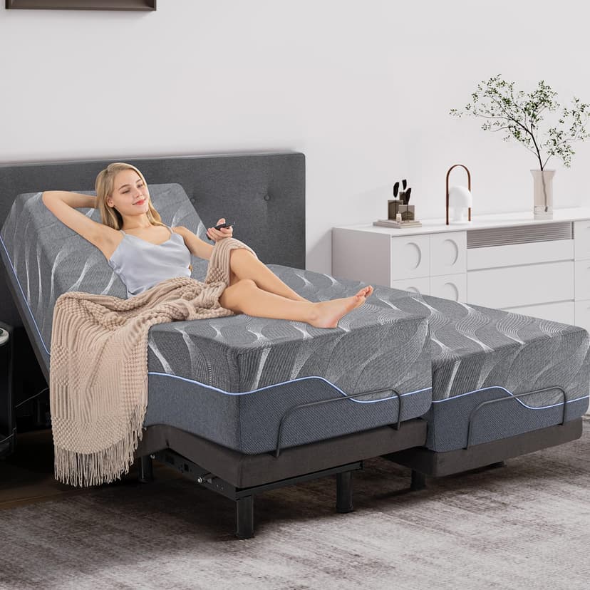 Split King Adjustable Bed Frame with Massage, 14 Inch Grey Gel Memory Foam Medium-Firm Mattress in Box, Adjustable Bed Base with Thickened Foam Frame, Adjustable legs,Anti-Snore/0 Gravity, Smart Bed