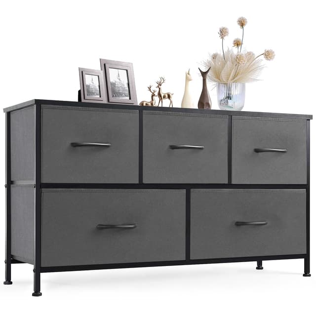 Sweetcrispy Dresser for Bedroom with 5 Storage Drawers, Fabric Storage Tower Organizer, Chest of Drawers with Metal Frame Wooden Top for Closet, Living Room, Entryway, Grey