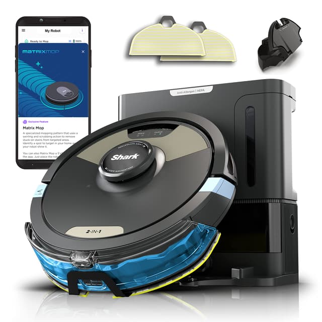 Shark Robot Vacuum & Mop Combo, Powerful Suction, Matrix Plus, 60-Day Debris Capacity, HEPA Bagless Self Empty Base, Sonic Mopping, Home Mapping for Pet Hair - Carpets & Hardfloor, AV2610WA