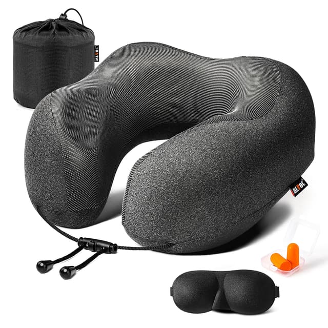 MLVOC Neck Pillow for Traveling, Upgraded 100% Pure Memory Foam Travel Neck Pillow for Airplane Flight Sleep, Breathable & Machine Washable Cover, Travel Kit with 3D Eye Mask, Earplugs & Bag, Black