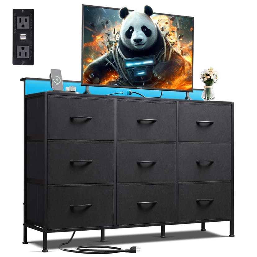 WLIVE Black Dresser TV Stand for 45, 50, 55 inch TV, Entertainment Center with LED Lights & Charging Station, Chest of drawers with 9 Fabric Drawers and Open Shelves for Living Room, Hallway, Wood Top