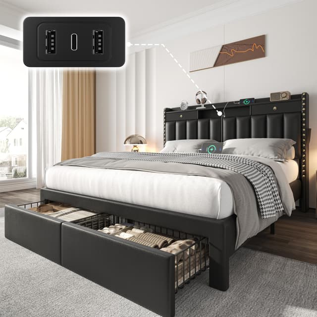 CypBed Full Upholstered Platform Bed Frame with Storage Headboard, USB & Type-C Charging Ports, 4 Drawers, Solid Wood Slats, No Box Spring Needed, Black,Gifts