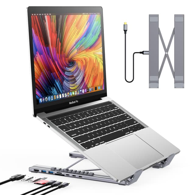 Mukiya USB C Laptop Docking Station Stand, Dock Tablet Stand, 8 in 1 USB C Hub with 4K HDMI, 2 USB 3.0, PD 100W, Universal Dock Station for MacBook Pro/Air/Dell/HP/Surface/Lenovo, Plug and Play