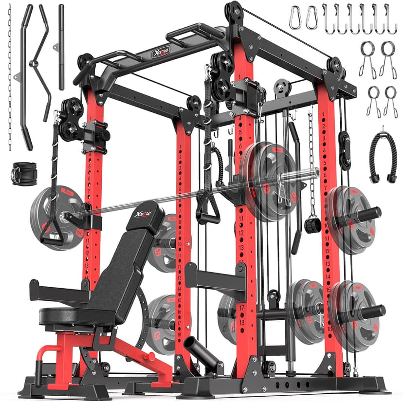 Power Rack Power Cages Multi-Function Squat Rack with Cable Crossover System Selectable More Training Attachment Weight Cage for Garage & Home Gym (Red, B Set L02 Power Cage+Weight Bench)