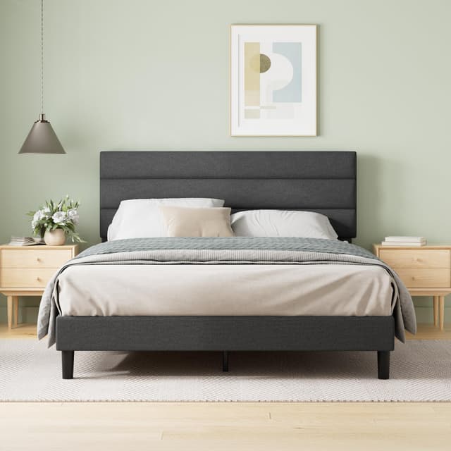 Zinus Queen Piper Upholstered Platform Bed with Horizontal Paneled Headboard, Wooden Slat Support, No Box Spring Needed, Easy Assembly, Eco Friendly Packaging, Dark Grey