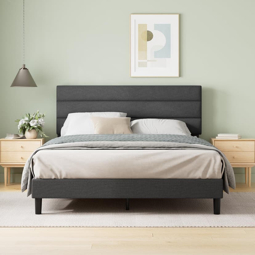 Zinus Queen Piper Upholstered Platform Bed with Horizontal Paneled Headboard, Wooden Slat Support, No Box Spring Needed, Easy Assembly, Eco Friendly Packaging, Dark Grey