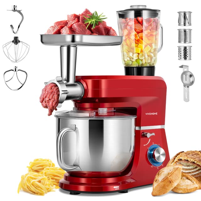 VIVOHOME 6-in-1 Stand Mixer, 8.5 Quart Electric Tilt-Head Kitchen Mixer with Bowl, Multifunctional Food Mixer for Cake, Bread, and Dough, with Meat Grinder, Blender, Pasta Maker Attachments, Red