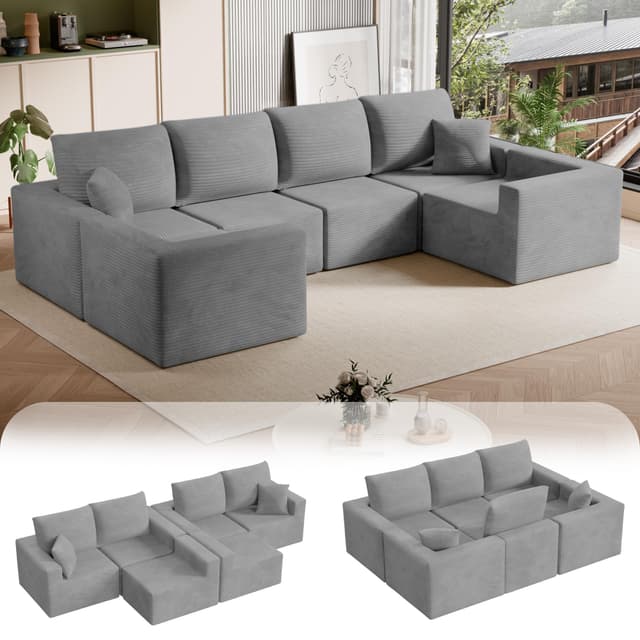 Homall 126" Sectional Couches for Living Room, Modern Fabric Boneless Couch with Deep Seat, Upholstered Cloud Sofa with 2 Corner, No Assembly Required (Grey, Oversized Sofa)
