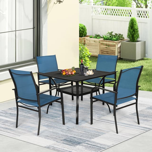 Incbruce 5 Pieces Patio Dining Set, Outdoor Dining Set of 4 Textilene Chairs and Square Table with Umbrella Hole for Backyard, Garden, and Poolside (Blue)