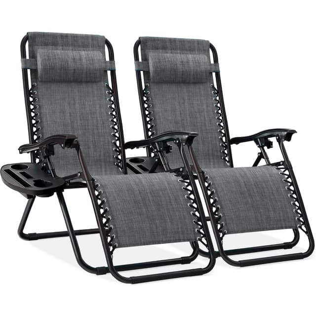Best Choice Products Set of 2 Adjustable Steel Mesh Zero Gravity Lounge Chair Recliners w/Pillows and Cup Holder Trays - Gray