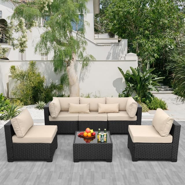 Patio Sectional 6 Pieces All-Weather Wicker Patio Furniture Set Outdoor Sectional with Glass Patio Table Non-Slip Cushions and Waterproof Covers, Khaki