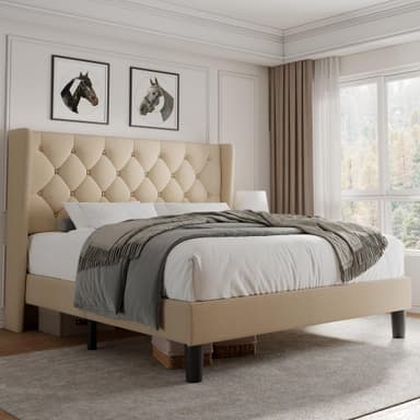 iPormis Full Size Platform Bed Frame with Button Tufted Headboard, Upholstered Bed Frame with Solid Wooden Slats, 8" Underbed Space, No Box Spring Needed, Noise Free, Easy Assembly, Beige