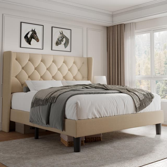 iPormis Full Size Platform Bed Frame with Button Tufted Headboard, Upholstered Bed Frame with Solid Wooden Slats, 8" Underbed Space, No Box Spring Needed, Noise Free, Easy Assembly, Beige