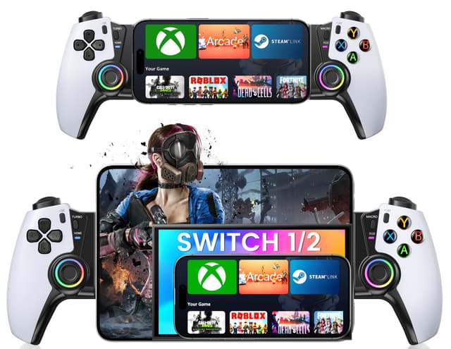 Wireless Phone Controller for iPhone/Android/Switch 1/2/OLED/iPad Mini With Hall Joystick, LED Mobile Gaming Controller for iOS Support Xbox, Steam Link, GeForce Now, Arcade,Call of Duty, Roblox