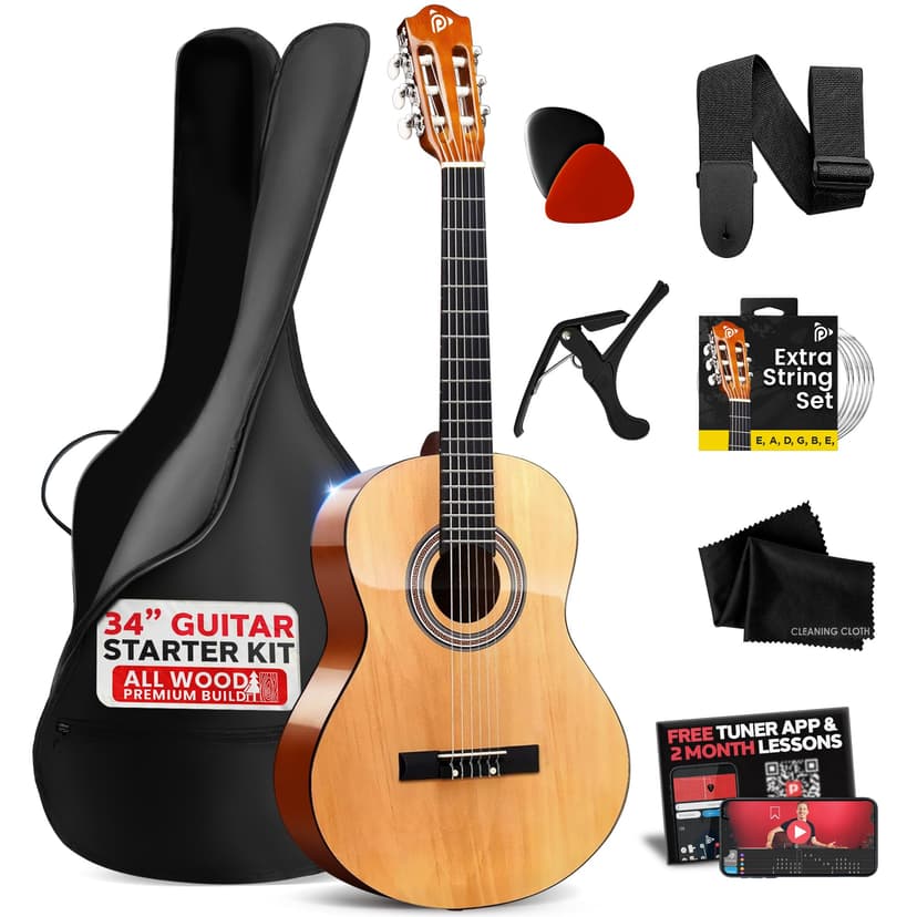 Pyle Beginner Acoustic Guitar Kit, 1/2 Junior Size All Wood Build Nylon String Instrument with Capo, Strap, Extra String Set, Gig Bag, Guitars for Beginners Adults Youth, 34" Natural Gloss
