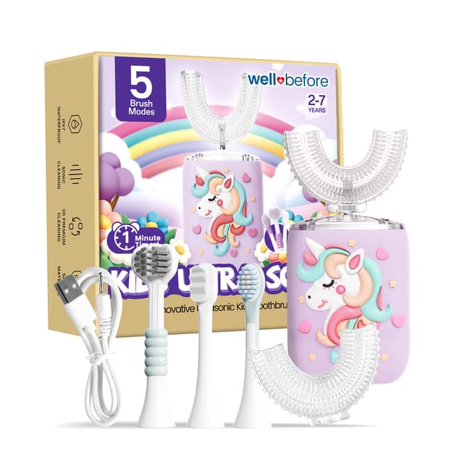 Well Before Kids U Shaped Electric Toothbrush with 5 Brush Heads, Ultrasonic, 5 Modes, IPX7 Waterproof Design (Unicorn, Purple Ages 2-7)