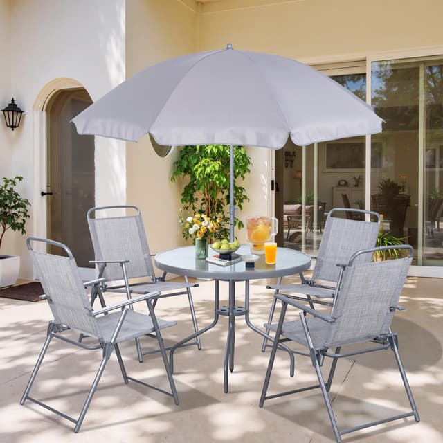 Vongrasig 6 Pieces Folding Patio Dining Set, All Weather Small Metal Outdoor Table and Chair Set, Garden Patio Furniture Set w/Umbrella, Glass Table & 4 Folding Chairs for Lawn, Backyard, Silver