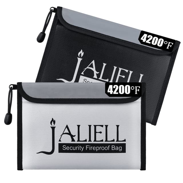 2 Pack Fireproof Money Bag (9.5x6.5''), Non-itchy Waterproof Fireproof Bag with Zipper, Small Fire Proof Money Bag for Cash, Valuables, Passport, Currency & Keys (Black & Grey)