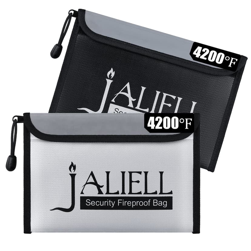 2 Pack Fireproof Money Bag (9.5x6.5''), Non-itchy Waterproof Fireproof Bag with Zipper, Small Fire Proof Money Bag for Cash, Valuables, Passport, Currency & Keys (Black & Grey)