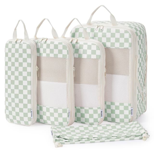 Narwey 5 Set Compression Packing Cubes for Travel, Luggage Packing Organizer Bags for Carry on Suitcase, Expandable Checkered Storage Bags with Laundry & Handle (Mint Green Checkerboard)