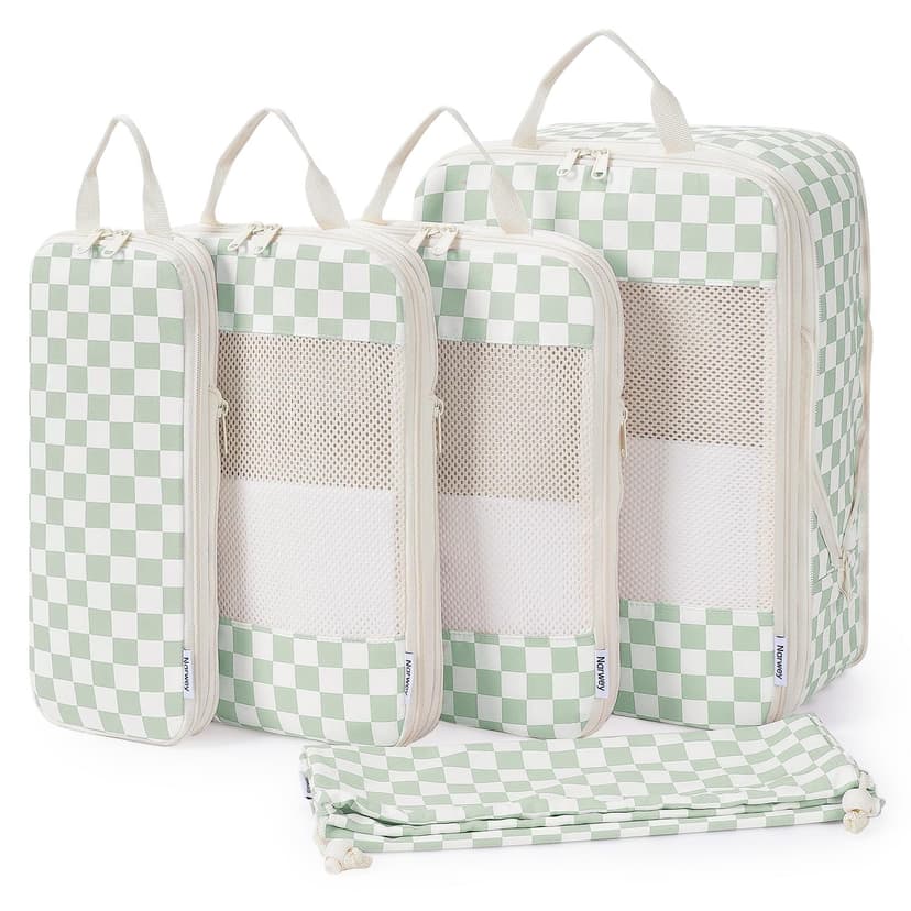 Narwey 5 Set Compression Packing Cubes for Travel, Luggage Packing Organizer Bags for Carry on Suitcase, Expandable Checkered Storage Bags with Laundry & Handle (Mint Green Checkerboard)